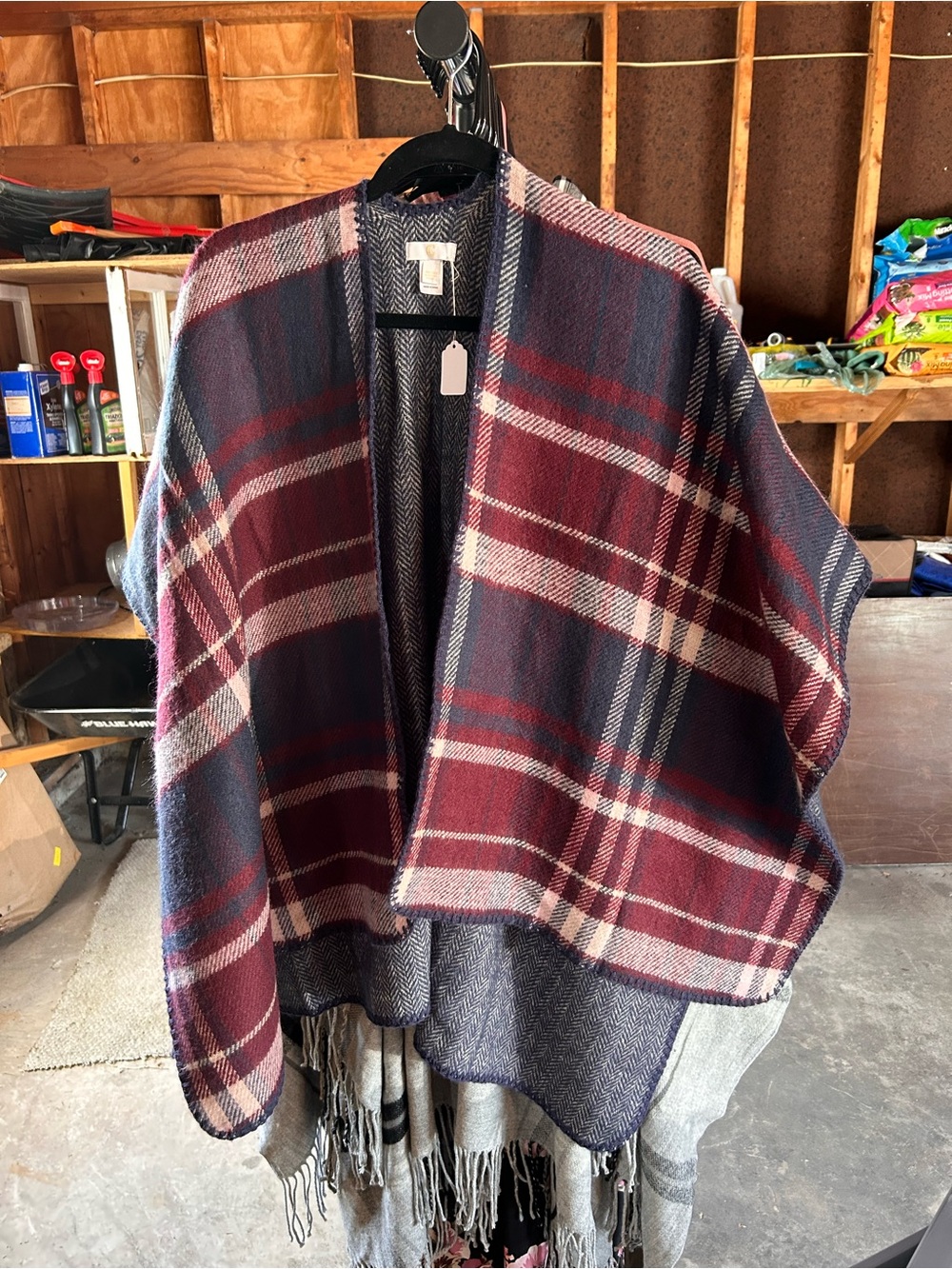 Plaid Open Front Shawl in Burgundy and Navy